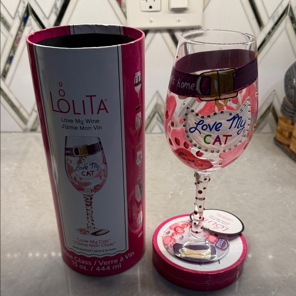 Lolita Love My Cat Wine Glass with Pink and Red Accents